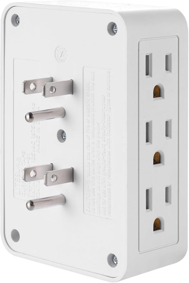 FiiMan 6 Outlet Wall Adapter, UL Listed 3-Prong Grounded Outlet to The Side, Wall Plug Side Access Adapter, 6 Way Outlet Extender Tap, White (1) - Image 1